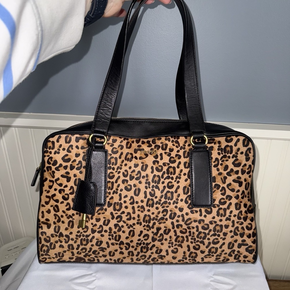 Fossil Cheetah Print Calf Hair Leather Memoir Shoulder Bag Purse Black Brown